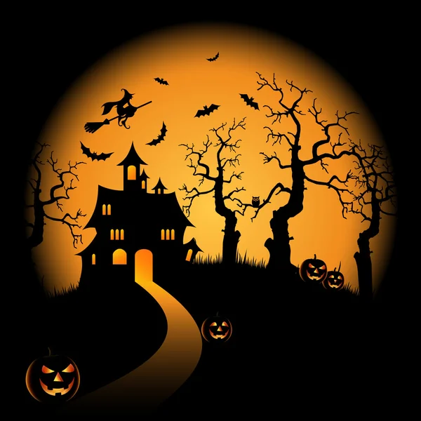 Cadı ve kabaklar kale ile Halloween gece portakal arka plan
