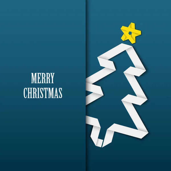 Noel kartı ile mavi bir arka plan üzerinde katlanmış beyaz kağıt ağaç