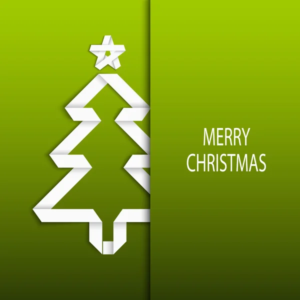 Noel kartı yeşil bir arka plan üzerinde katlanmış beyaz kağıt ağaç — Stok Vektör