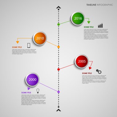 Zaman satırı bilgi grafik renkli tasarımı ile yuvarlak işaretçiler şablonu
