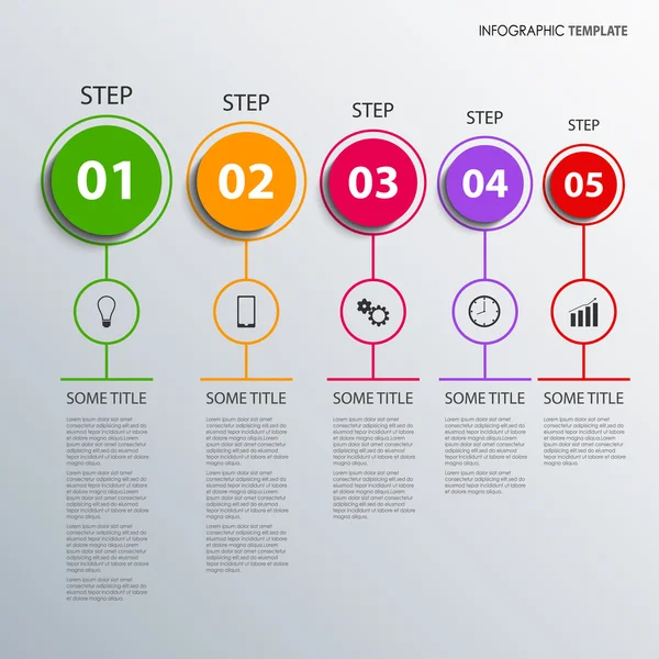 Info gráfico com design colorido círculos ponteiros modelo — Vetor de Stock