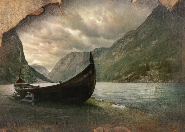 Old viking boat in Gudvangen village — Stock Photo, Image