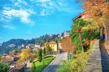 Yukarı kasabada bir sokak ve güneşli bir günde Bergamo şehrinin manzaralı sonbahar manzarası. İtalya