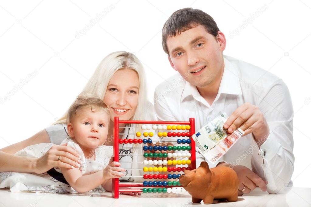 Young family with moneybox