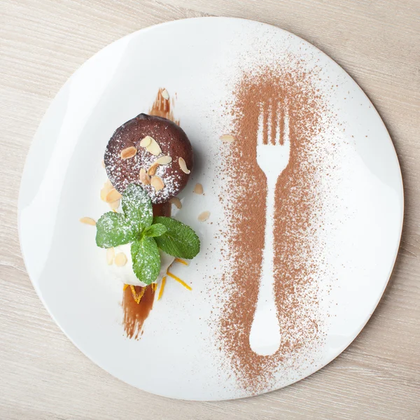 Warm chocolate cake Fondant with ice-cream ball, almond, mint, c — Stock Photo, Image