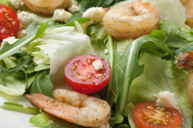 Karides, Yeşiller, kiraz domates ile taze gurme deniz ürünleri salatası