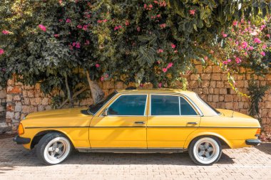 Mercedes Benz w123. Sarı hippi Mercedes Benz w123 duvarın arkasında ve yazın parlak çiçekler.