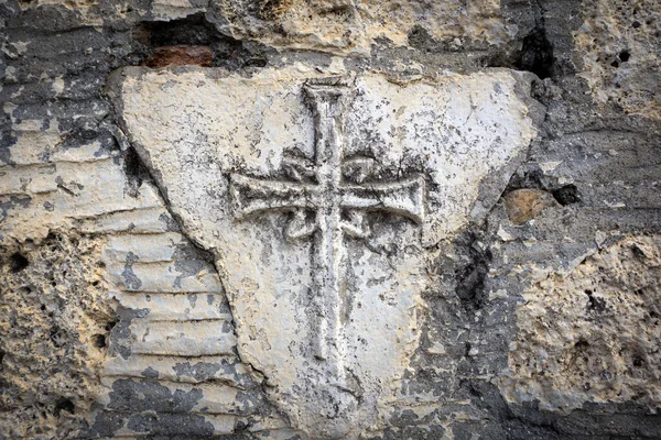 Oud Grieks Christelijk Kruis Oude Stenen Muur Van Tempel — Stockfoto