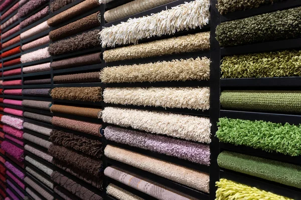 Samples Carpets Different Colors Stand Store Production Multi Colored Carpet — Stock Photo, Image