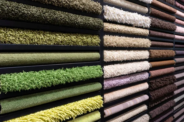 Samples Carpets Different Colors Stand Store Production Multi Colored Carpet — Stock Photo, Image