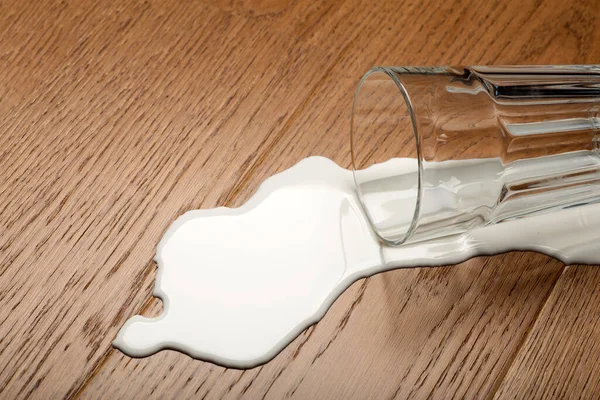 Wooden floor with overturned glass of white milk. Spilled  white milk on a wooden laminate (parquet) floor with moisture protection.	