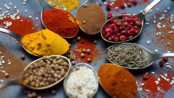 Fűszerek háttér. Indiai és ázsiai étel fűszerek kanalakon és sötét háttérrel. Curry, bors, chili, mint az indiai konyha összetevői — Stock videók