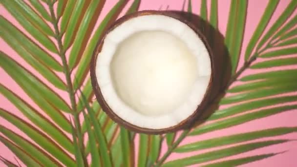O coco gira sobre um fundo rosa. Vídeo de comida de arte mínima. Trópicos, verão, conceito de férias. — Vídeo de Stock