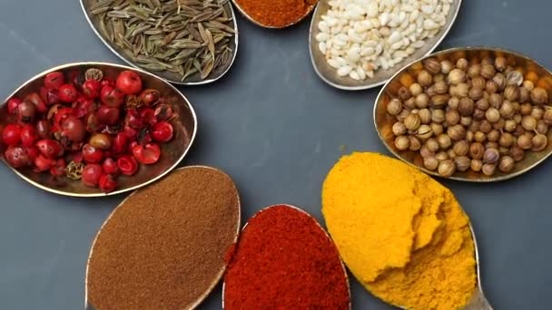 Przyprawy w tle. Indyjskie i azjatyckie przyprawy spożywcze na łyżkach i ciemnym tle. Curry, pieprz, chili jako składniki kuchni indyjskiej — Wideo stockowe