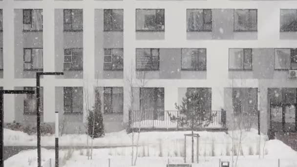 Nieve en invierno sobre el fondo de las ventanas de las casas. Clima invernal con nieve y ventisca en una zona residencial de una zona urbana — Vídeos de Stock