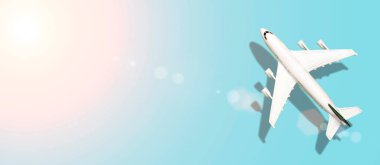 Renkli boş afiş arkaplanda bir uçak. Tatil, uçuş ve turizm arka planı minimum konsept.