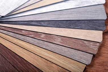 Beyaz izole bir arka planda vinil ve muşamba örnekleri. Tahta yapılı ve desenli döşeme için vinil..