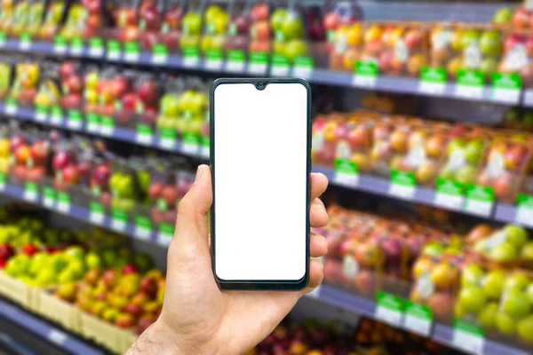 Online grocery delivery app in a mobile phone. Food market service in smartphone. Grocery delivery background concept. Empty blank screen — Stock Photo, Image