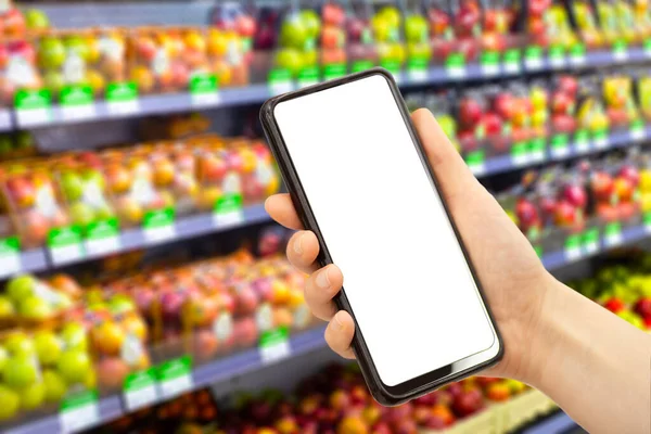 Online grocery delivery app in a mobile phone. Food market service in smartphone. Grocery delivery background concept. Shopping cart. Empty blank screen — Stock Photo, Image