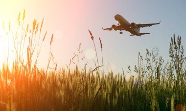 Mavi yaz gökyüzünde uçak uçuşu. Seyahat eden turistlerle dolu bir yolcu uçağının kalkışı ya da inişi. Hava taşımacılığı ve seyahat endüstrisi