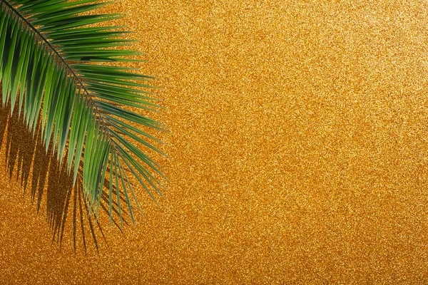 Csillámló arany háttér. Arany ünnepi fényes csillogó háttér trópusi pálma levelek és fényes csillogás — Stock Fotó