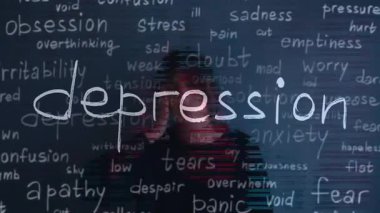 Burnout Words 'lü depresyondaki kadın. Duygusal yorgunluk konsepti. Yüksek kalite fotoğraf