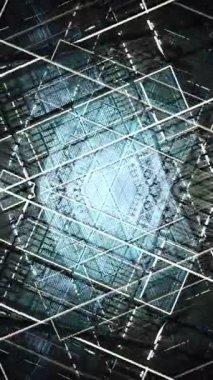 Temiz yapılar, keskin çizgiler ve dinamik perspektif ile dönen soyut geometrik manzara tasarımı, yapıyı ve gelecekteki uzamsal keşifleri vurguluyor.