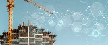 İnşaat teknolojisi afişi geçmişi. Vinçleri, tesisatı ve betonu olan bir inşaat alanı. Yüksek kalite fotoğraf