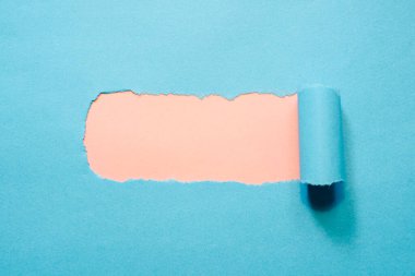 Mavi Arkaplanda Yumuşak Şeftali ile Yırtık Kağıt Ortaya Çıktı. Yüksek kalite fotoğraf