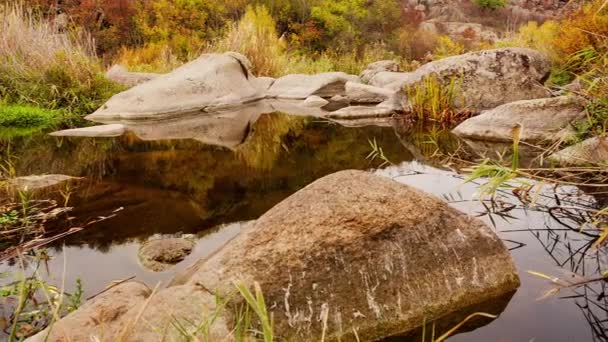 Árboles otoñales y grandes rocas de piedra alrededor. Una cascada de agua en otoño arroyo con hojas caídas. El agua fluye alrededor de las piedras del río. Aktovsky Canyon, Ucrania. — Vídeo de stock