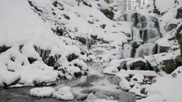 Nádherný zmrzlý úpatí vodopádu s mocným potokem vody v zimních karpatských horách, Ukrajina. Shipot. kameny, skály jsou zaobleny lesem s vánočními stromky a borovicemi — Stock video