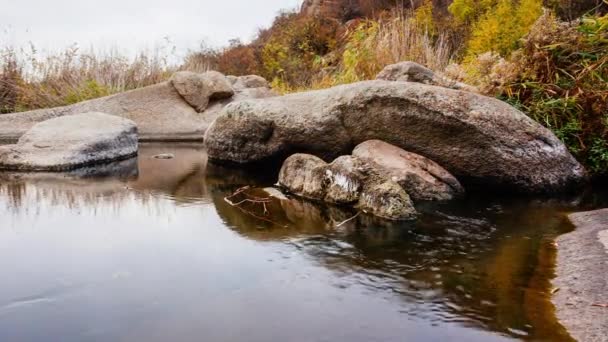 Alberi autunnali e grandi massi di pietra intorno. Una cascata d'acqua in autunno torrente con foglie cadute. L'acqua scorre intorno alle pietre nel fiume. Aktovsky Canyon, Ucraina. — Video Stock