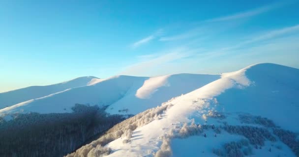 Foto aérea de majestuoso amanecer en las montañas. Valle entre las montañas está cubierto de niebla y está iluminado por los cálidos rayos del sol naciente. Montañas cubiertas de bosque natural. — Vídeos de Stock