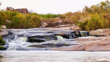 Vahşi Dağ Nehri taş kayalar ve taş akıntılarıyla akıyor. Creek 'te hızlı su sıçratma. Sonbaharda dağ deresi. Bol miktarda Clear Stream. Tokiv Kanyonu. Ukrayna.
