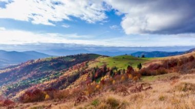 Zaman su gibi akıp gidiyor. Güzel sonbahar doğası ve sisli hava sabah ılık güneş ışığıyla dağların etrafında akıyor. Ukrayna 'daki Karpatlar' da sonbahar mevsimi