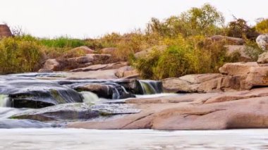 Vahşi Dağ Nehri taş kayalar ve taş akıntılarıyla akıyor. Creek 'te hızlı su sıçratma. Sonbaharda dağ deresi. Bol miktarda Clear Stream. Tokiv Kanyonu. Ukrayna.
