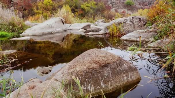 Alberi autunnali e grandi massi di pietra intorno. Una cascata d'acqua in autunno torrente con foglie cadute. L'acqua scorre intorno alle pietre nel fiume. Aktovsky Canyon, Ucraina. — Video Stock