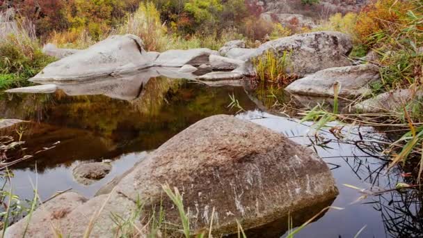 Höstträd och stora stenblock runt omkring. En vattenkaskad på hösten bäck med fallna blad. Vatten rinner runt stenarna i ån. Aktovsky Canyon, Ukraina. — Stockvideo