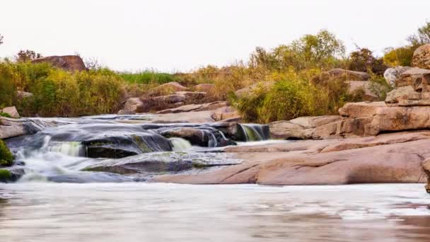 Vahşi Dağ Nehri taş kayalar ve taş akıntılarıyla akıyor. Creek 'te hızlı su sıçratma. Sonbaharda dağ deresi. Bol miktarda Clear Stream. Tokiv Kanyonu. Ukrayna. — Stok video