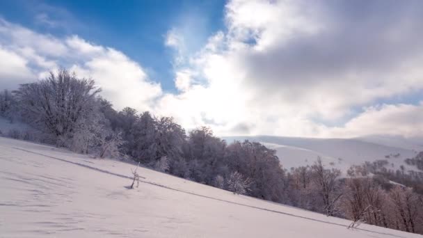 Rörliga vita moln blå himmel scenisk antenn utsikt. Timelapse högt upp i blå himmel genom de fluffiga molnen på kvällen vid den ljusa solen. Solen är gömd bakom molnen vid solnedgången dimman — Stockvideo