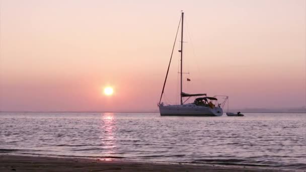 Σκάφη σιλουέτα στο ηλιοβασίλεμα, στο ria formosa υγροτόπων διατήρησης του φυσικού τοπίου περιοχή, algarve, Νότια Πορτογαλία. — Αρχείο Βίντεο