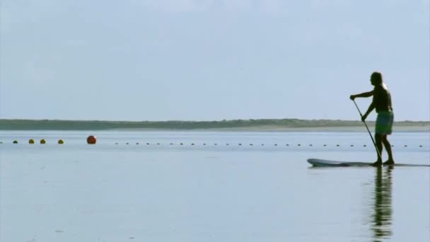 Paddler Silhouette auf Fuseta, in ria formosa Feuchtgebiete Naturschutzgebiet Landschaft, Algarve, Südportugal. — Stockvideo