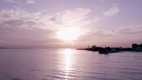 Sunset boat silhouette at Olhão, capital of Ria Formosa wetlands natural conservation region landscape, Algarve, southern Portugal. — Stockvideo