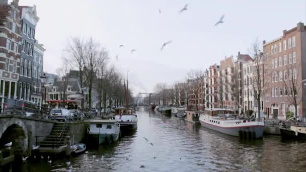 Weergave van erfgoed kanalen (Brouwersgracht) van de stad van Amsterdam, Nederland. — Stockvideo