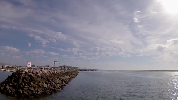 Boat  to Olhão from Armona, one of the islands of Ria Formosa wetlands natural conservation region landscape, Algarve — 图库视频影像