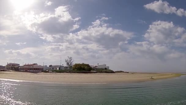 Boat  to Olhão from Armona, one of the islands of Ria Formosa wetlands natural conservation region landscape, Algarve — Αρχείο Βίντεο