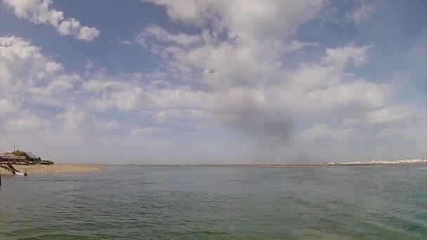 Boat  to Olhão from Armona, one of the islands of Ria Formosa wetlands natural conservation region landscape, Algarve — Stock video