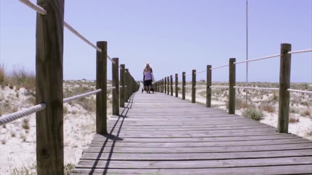 Туристы в пешеходной дорожке acess to Armona cost beach, one of the islands of Ria Formosa wetlands natural park, Algarve . — стоковое видео