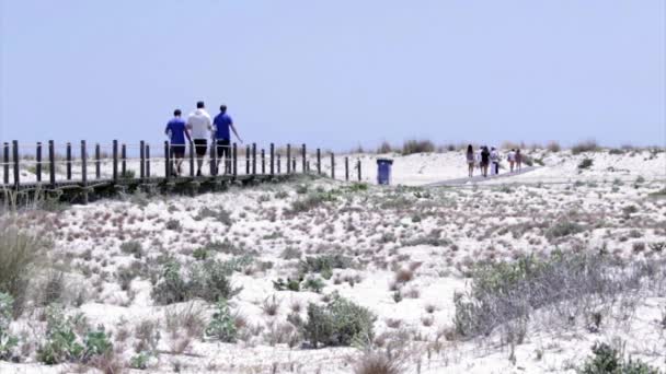 Turystów w chodnik acess do Armona koszt beach, jednej z wysp Ria Formosa mokradeł parku przyrody, Algarve. — Wideo stockowe