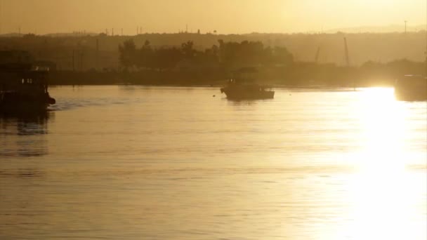 Boten silhouet bij zonsondergang, in Quatro Aguas visserij haven achtergrond, uitzicht vanaf Tavira eiland, Ria Formosa Natuurpark. Algarve. — Stockvideo